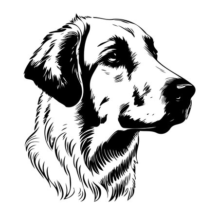 This black and white illustration depicts a dog's head in a detailed and expressive style, capturing its unique features and emotions, ideal for art and design projects.のイラスト素材