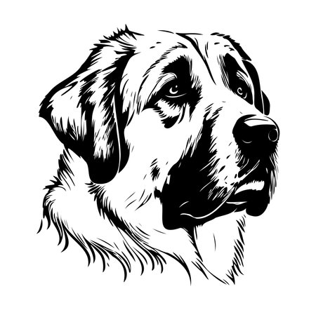 Intricate black and white illustration of a dog's head, capturing detailed features and expressions. Perfect for use in artistic designs and creative projects.のイラスト素材
