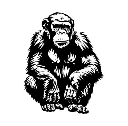 This striking black and white illustration features a sitting chimpanzee in a stylized design, perfect for nature-themed projects and wildlife art.のイラスト素材