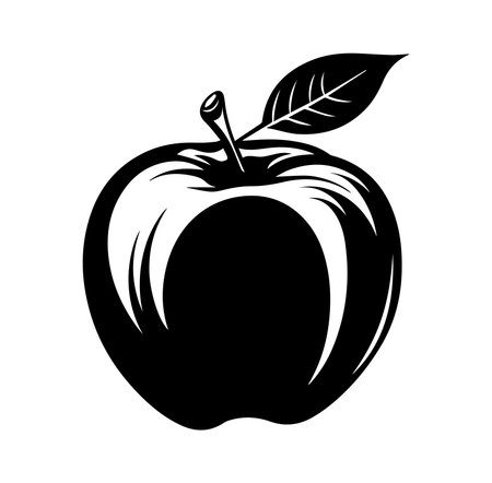 This black and white artistic illustration showcases a simple apple fruit with a leaf, perfect for design projects, educational materials, and food-themed artwork.のイラスト素材