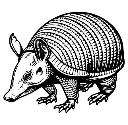 This striking black and white illustration showcases a finely detailed armadillo, emphasizing its unique shell and animal features. Perfect for nature and wildlife themes.のイラスト素材