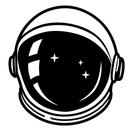 A sleek black and white illustration of an astronaut helmet featuring stars in the visor, representing creativity and exploration in outer space adventures.のイラスト素材