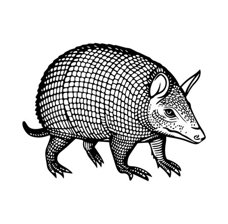 Detailed black and white illustration of an armadillo, showcasing its distinctive armor and unique features. Ideal for wildlife themes or vintage design.のイラスト素材