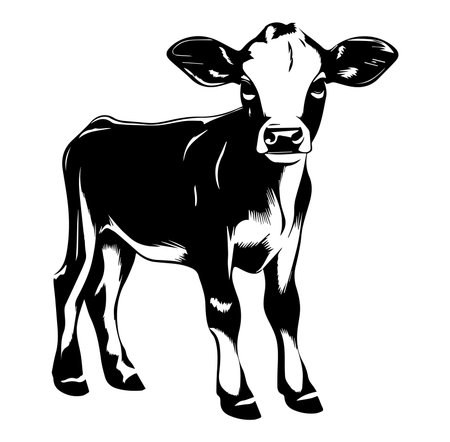 This black and white illustration depicts a standing calf on a white background. Perfect for agricultural themes, animal-related projects, and rustic designs.のイラスト素材