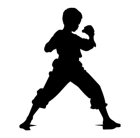 This dynamic silhouette represents a young martial artist in a fighting stance. The image captures the essence of movement, strength, and discipline in martial arts training.のイラスト素材