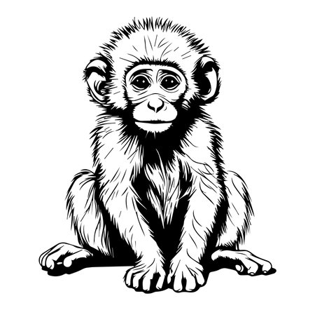 This cute cartoon monkey illustration features a sitting baby monkey with a playful expression. Perfect for educational materials or children's designs.のイラスト素材