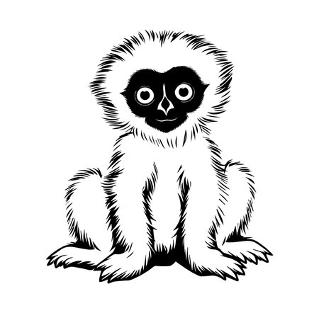 This striking black and white illustration features a cute cartoon gibbon sitting playfully. The expressive face adds charm, perfect for children's materials or nature-related projects.のイラスト素材