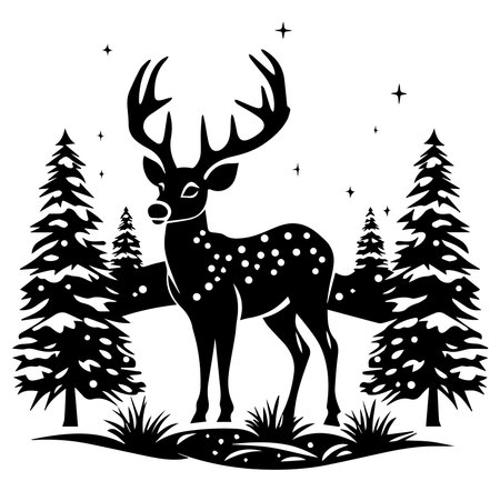 A striking silhouette of a majestic deer stands among pine trees, enhanced by a starry night sky. This captivating design evokes tranquility and natural beauty.のイラスト素材