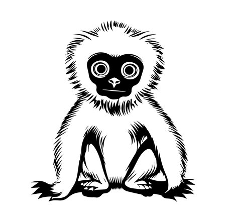 This illustration features a cute gibbon sitting playfully. The black and white design emphasizes the adorable expression and soft fur, making it suitable for various creative projects.のイラスト素材