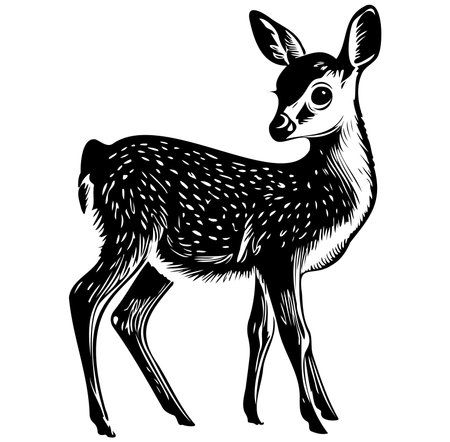 This artistic illustration features a young deer in a striking black and white design. The graceful creature stands elegantly, showcasing its detailed fur and features. Perfect for nature enthusiasts.のイラスト素材