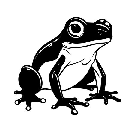 This artistic illustration features a black and white frog with detailed features, perfect for projects that highlight wildlife themes or playful designs.のイラスト素材