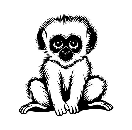 This black and white illustration features a cute gibbon monkey sitting with a playful expression. Perfect for children's decor or animal-themed designs.のイラスト素材