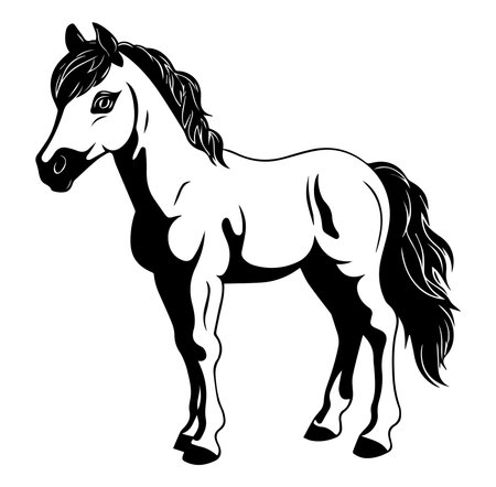 This black and white line art illustration of a horse captures the beauty and elegance of the equine form. Ideal for various creative projects.のイラスト素材