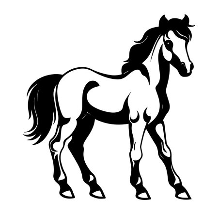 This elegant horse silhouette showcases a striking design in black and white. Perfect for artistic projects, this illustration highlights the graceful form and energy of the majestic animal.のイラスト素材