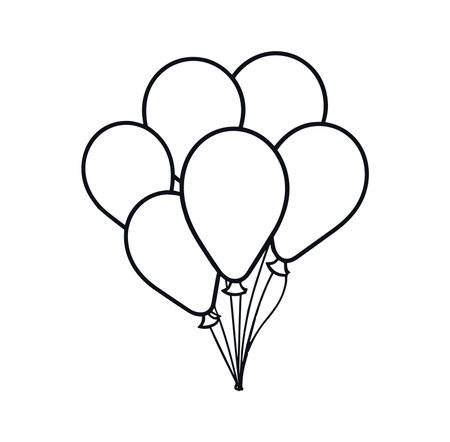 This black line art illustration features a cluster of air balloons on a white background, perfect for various celebration themes and festive occasions.のイラスト素材