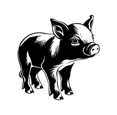 Charming black and white illustration of a cute piglet, ideal for farm-themed designs, children's books, or any rustic art project reflecting nature's beauty.のイラスト素材