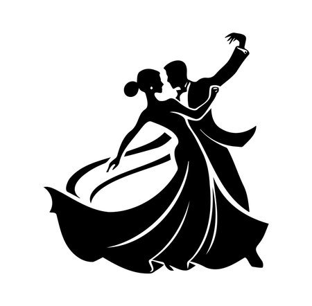 This artwork showcases an elegant couple engaged in a romantic dance, capturing the beauty and grace of their movements in a striking silhouette. Perfect for celebrating love and connection.のイラスト素材