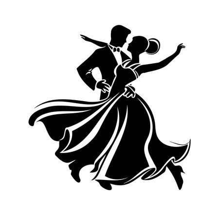 This elegant silhouette illustration captures a couple in a graceful dance, embodying romance and passion in a timeless ballroom setting. Perfect for artistic projects.のイラスト素材