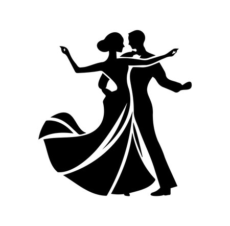 A striking silhouette of an elegant couple dancing captures the essence of romance and movement. Perfect for projects focused on love, art, or celebration.のイラスト素材