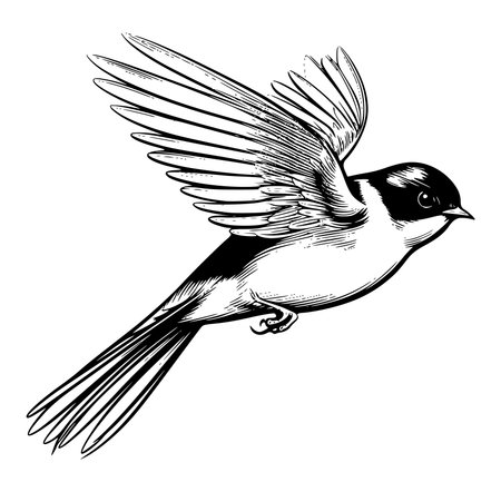 Detailed illustration of a flying bird with intricate wings in black and white. This artwork highlights the beauty and elegance of flight, perfect for nature-themed projects.のイラスト素材