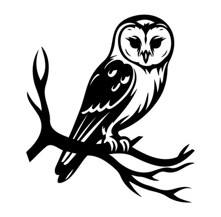 A striking black and white illustration of an owl perched on a branch. This artwork captures the elegance and mystery of the nocturnal bird in a detailed design suitable for various artistic applications.のイラスト素材