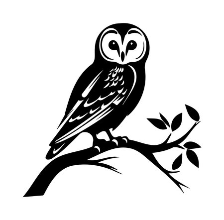 This elegant black and white illustration depicts an owl perched on a branch, capturing the beauty of wildlife in a minimalistic style. Perfect for nature themes.のイラスト素材