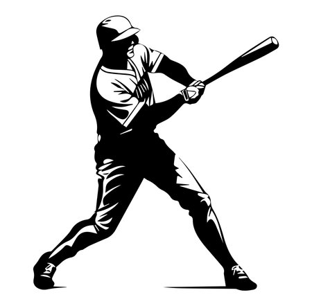 This striking silhouette captures the dynamic motion of a baseball player swinging a bat. Perfect for sports themes, illustrations, or fitness promotions.のイラスト素材