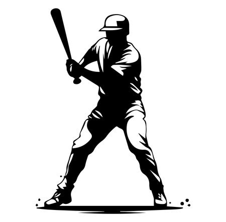 This dynamic silhouette captures the essence of baseball action as a player swings a bat, conveying energy and athleticism in a striking black and white design.のイラスト素材