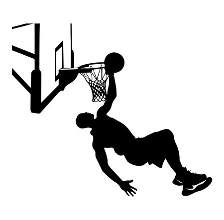 A striking silhouette of a male athlete performing a dynamic dunk, capturing the intensity and...
