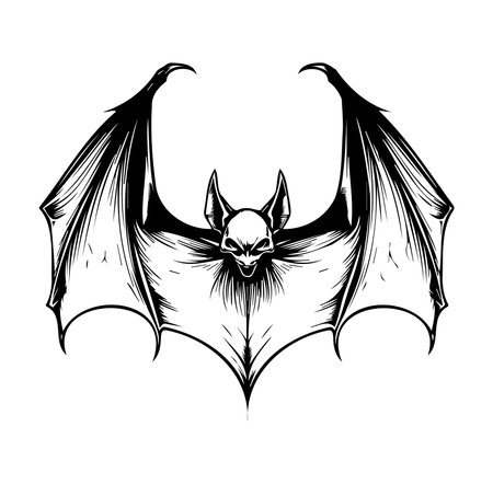 A detailed illustration of a bat with open wings, featuring a fierce expression. This artwork showcases the mysterious and spooky nature of bats in a unique and striking design.のイラスト素材