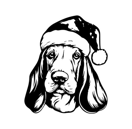 This charming black and white illustration features a dog wearing a Santa hat, perfect for holiday themes, decorations, and festive designs.のイラスト素材