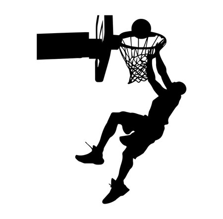 A dynamic silhouette of a basketball player performing a dunk into the hoop. This striking image...
