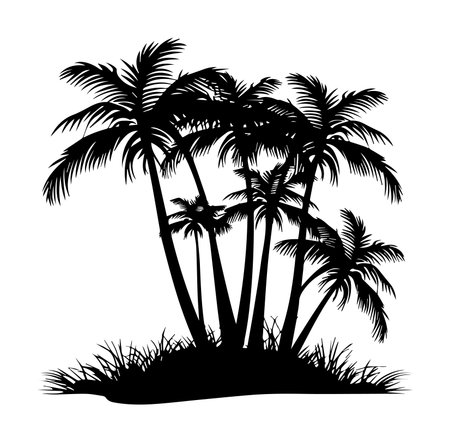 A striking silhouette of palm trees on a tropical island, perfect for evoking feelings of relaxation and exotic beauty in design and decoration.のイラスト素材