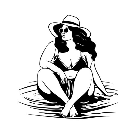 Elegant illustration of a woman with long hair, sitting by the water, wearing a sun hat and sunglasses, evoking a serene summer vibe and relaxation.のイラスト素材