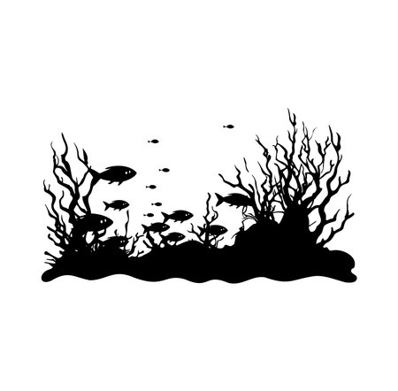 Black silhouette of a serene underwater scene with fish and coral. Ideal for illustrating marine environments, nature themes, and aquatic life.のイラスト素材