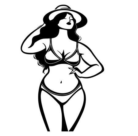 A stylish illustration of a confident woman in a bikini and hat, radiating summer vibes and showcasing a sense of beauty and elegance. Perfect for seasonal themes.のイラスト素材