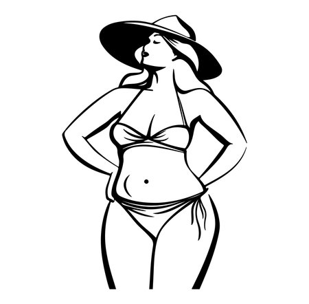 This stunning illustration features a confident woman in a bikini with a wide-brimmed hat, embodying summer vibes and body positivity in a stylish pose.のイラスト素材