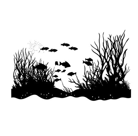 An artistic silhouette of a serene underwater scene featuring various fish swimming among corals. Perfect for designs related to marine life and nature themes.のイラスト素材