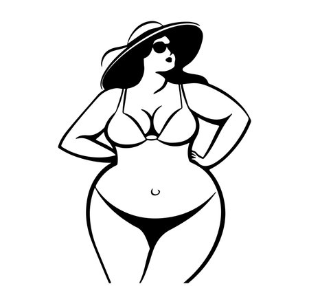 This silhouette illustration features a confident curvy woman in a stylish swimsuit, large sunhat, and sunglasses, embodying summer leisure and body positivity.のイラスト素材