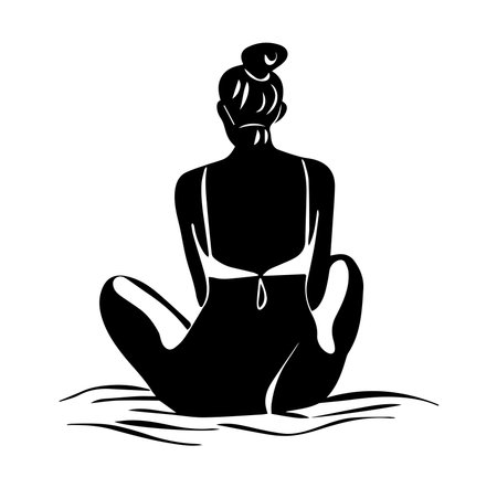 A striking black and white silhouette of a woman sitting peacefully by the water's edge. This artistic depiction evokes feelings of relaxation and tranquility, perfect for wellness themes.のイラスト素材