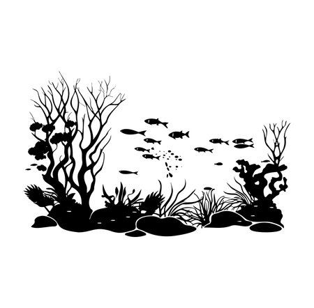 This artistic illustration features a serene underwater scene with fish swimming among beautiful coral and aquatic plants in silhouette form.のイラスト素材