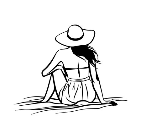A minimalist illustration of a woman sitting on the beach, enjoying the serene view. This design captures the essence of summer relaxation and solitude, evoking tranquility.のイラスト素材