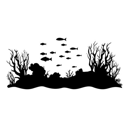 This image features a striking silhouette of an underwater scene, showcasing graceful fish swimming amidst coral formations. Perfect for marine-themed projects.のイラスト素材