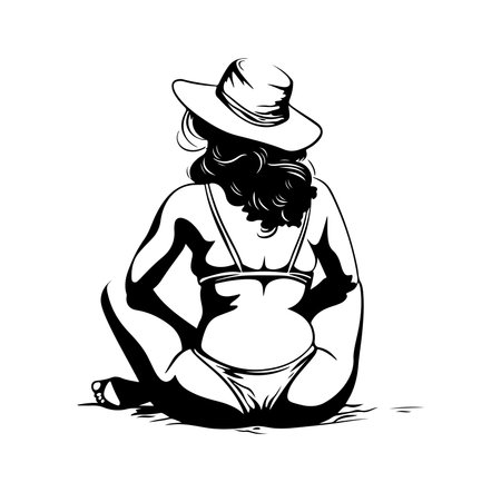 Monochrome illustration of a woman with a sun hat relaxing on the beach. This artistic piece captures beauty and tranquility in a minimalistic style.のイラスト素材