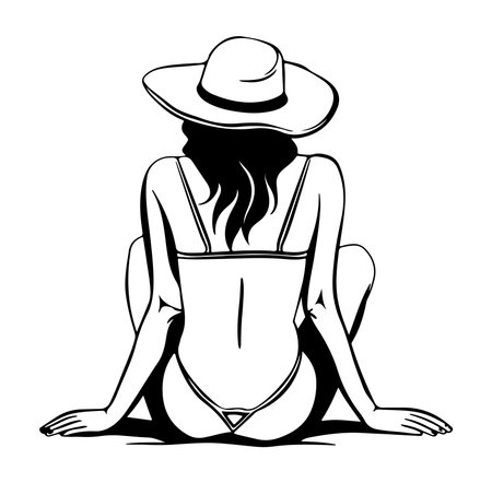 A chic silhouette of a woman in a swimsuit and hat enjoys serene moments at the beach. Perfect for summer themes, relaxation concepts, or stylish illustrations.のイラスト素材