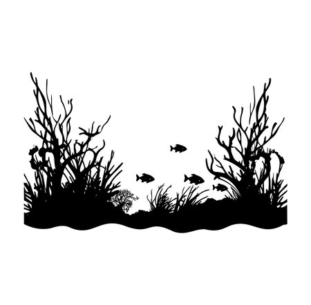 Artistic black silhouette showing an underwater scene with fish swimming among aquatic plants, creating a peaceful and serene atmosphere for nature lovers.のイラスト素材