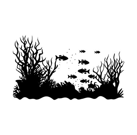 This artistic silhouette illustration features an underwater scene with fish swimming among coral and seaweed, perfect for marine-themed projects.のイラスト素材