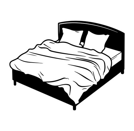 A minimalistic graphic of a cozy bed featuring soft bedding and pillows, ideal for representing comfort and relaxation in interior design concepts.のイラスト素材