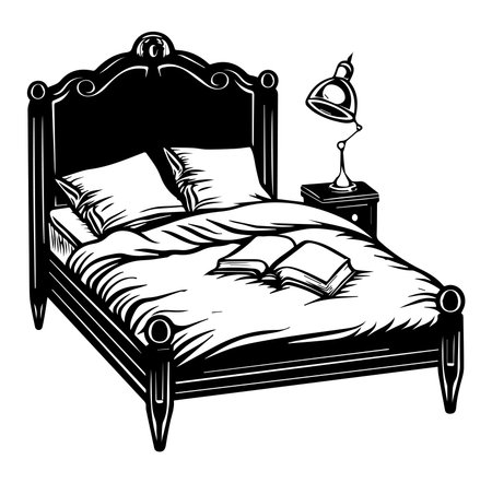A cozy bedroom scene featuring a classic bed with soft pillows and sheets, complemented by a nightstand with a lamp and open books to create a peaceful atmosphere.のイラスト素材