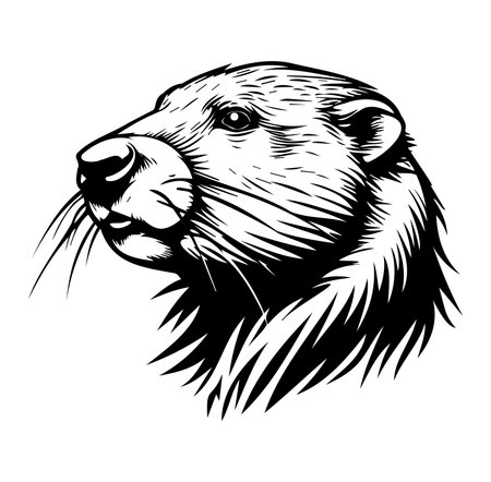 A striking black and white illustration of an otter's head, showcasing detailed lines and textures. This artwork captures the essence of wildlife in a creative and artistic manner.のイラスト素材